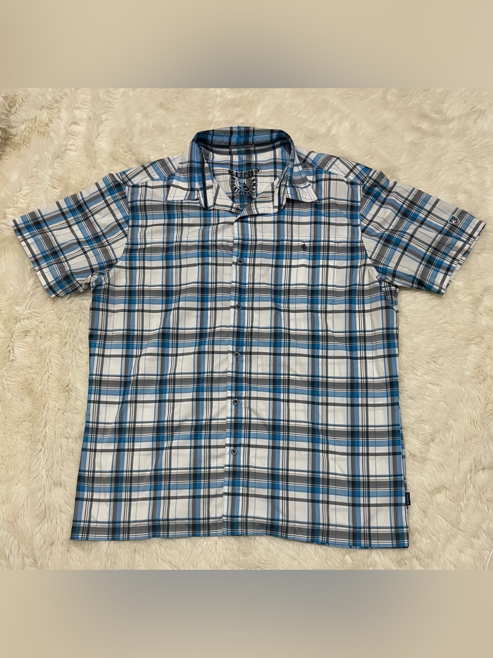 Kuhl Short Sleeve Button Down Shirt, Plaid, Blue / White / Black, Men’s Large